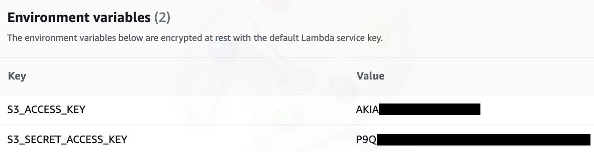Two examples of AWS Lambda secrets stored in environment variables.